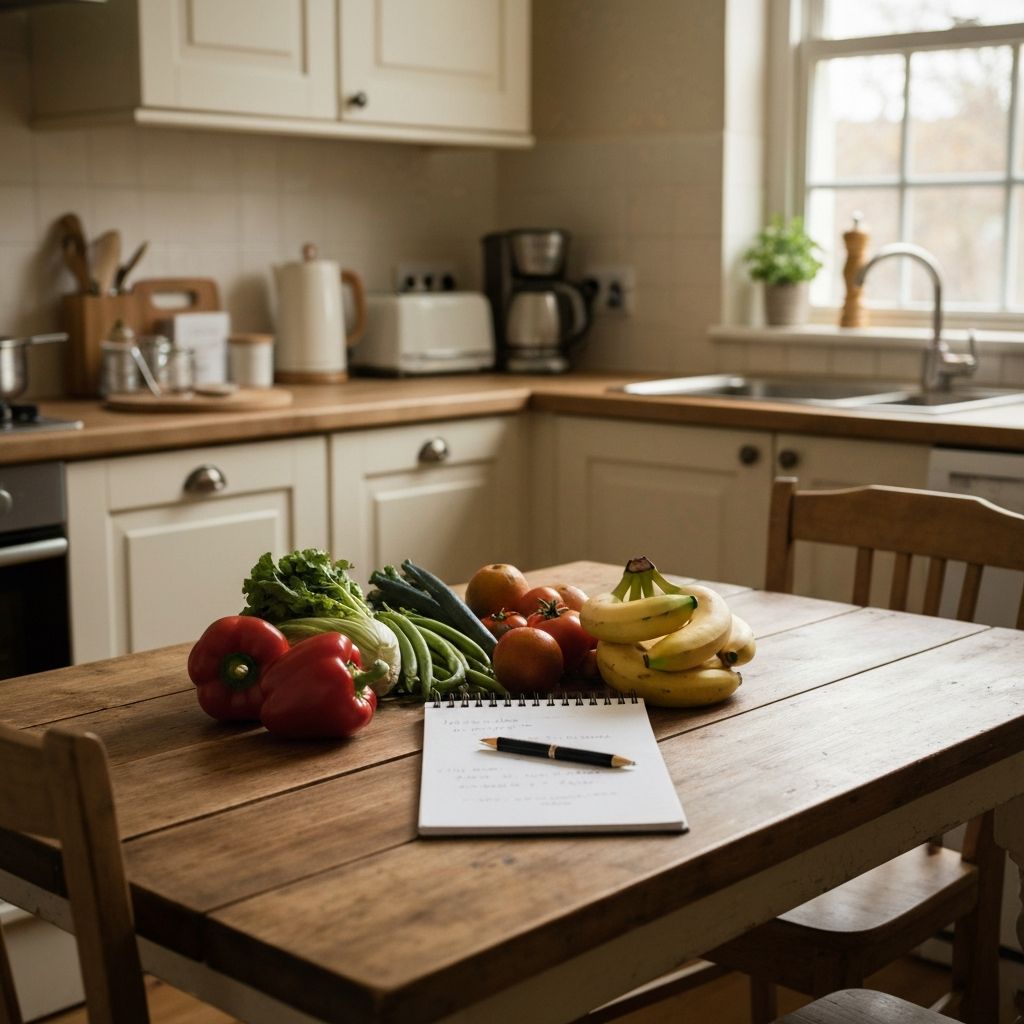 Essensplanung mit Notizbuch und frischen Zutaten
